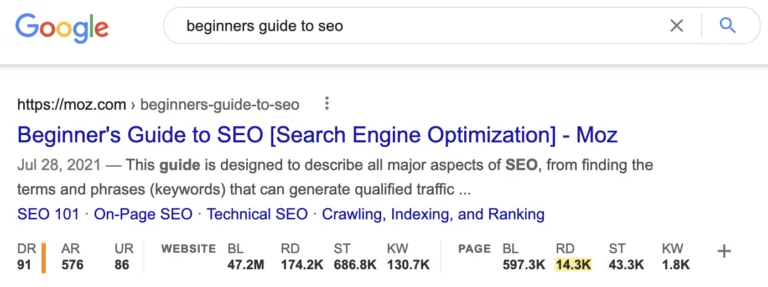 通过 Ahrefs 的 SEO Toolbar 查看指向 Moz 的 SEO 新手指南的引用域数量