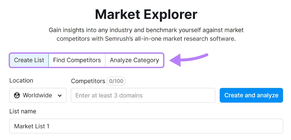 Semrush 的 Market Explorer 工具