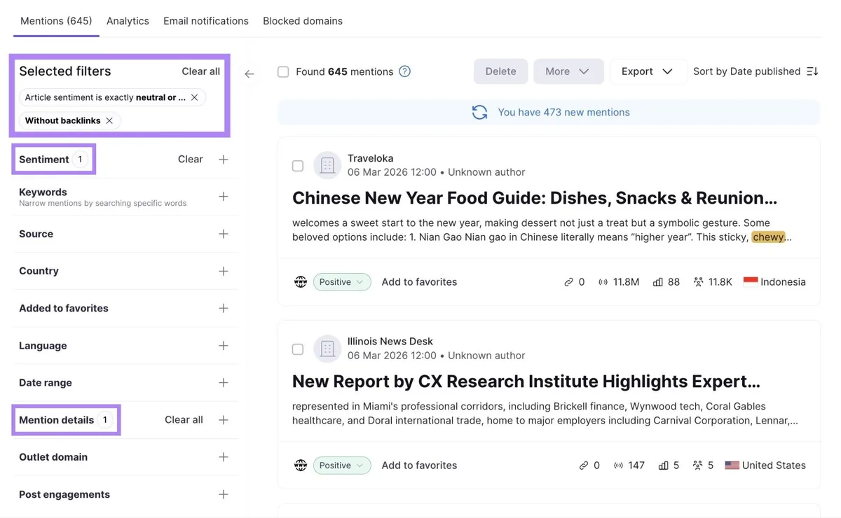 Brand Monitoring 工具，已应用情感倾向和反向链接过滤器。