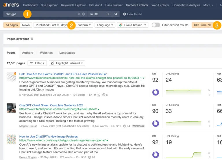 使用 Content Explorer 查找近期发布过某主题内容的网站