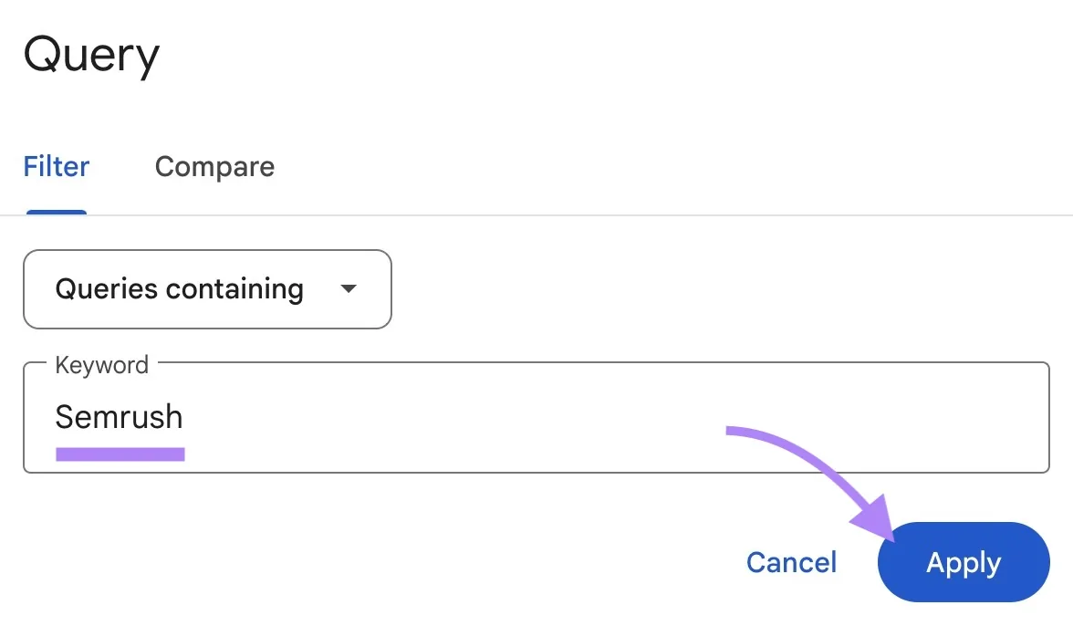 GSC 上的“Query”窗口,已输入品牌名 Semrush 并点击“Apply”。