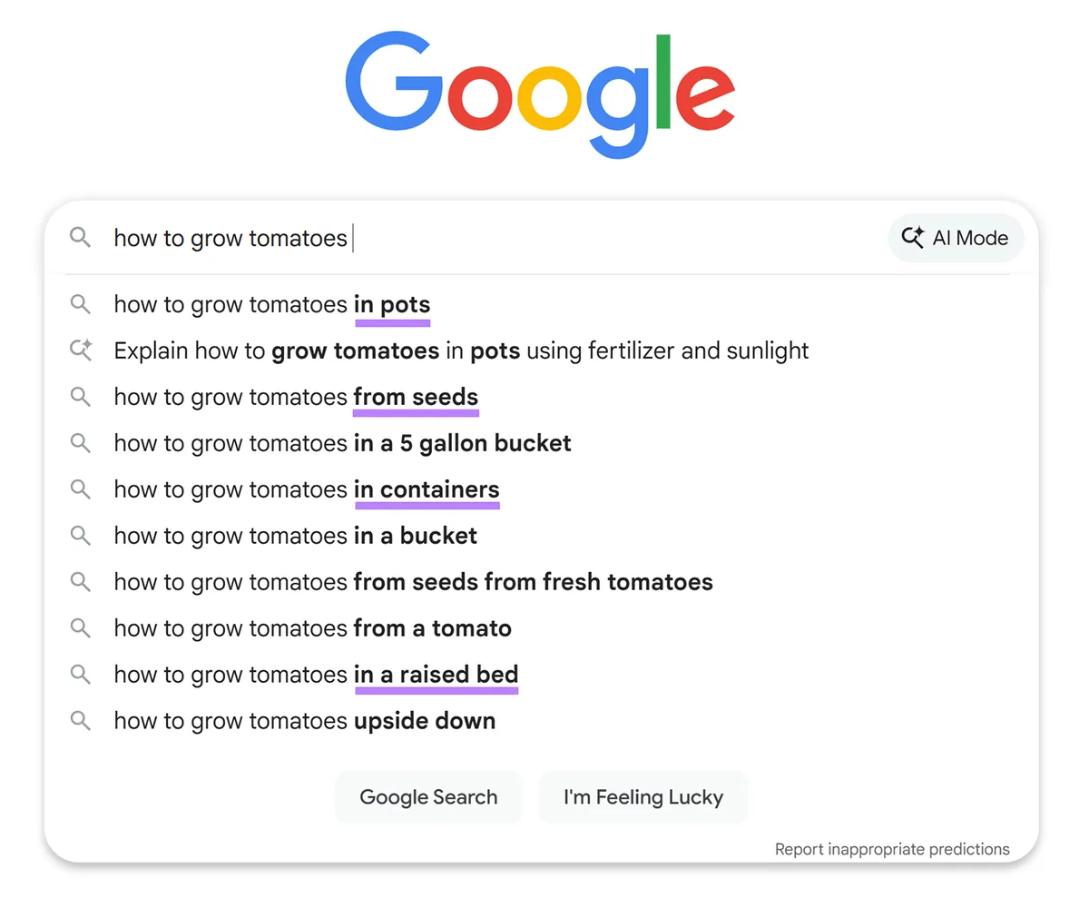 “how to grow tomatoes”的 Google 自动补全建议,包括花盆、种子、容器和种植床