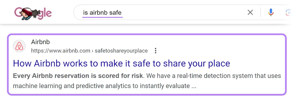 Google 搜索结果页面中面向查询“is airbnb safe”显示的 Airbnb 文章