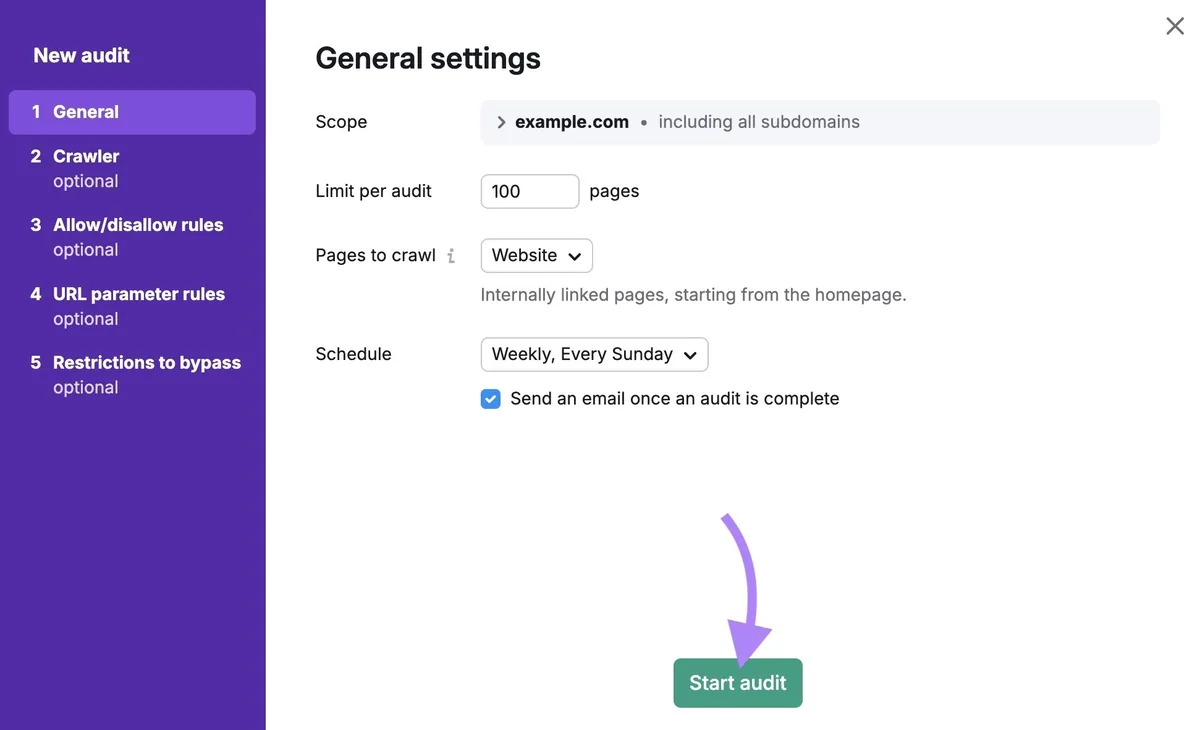 Site Audit 配置设置,并点击“Start audit”。