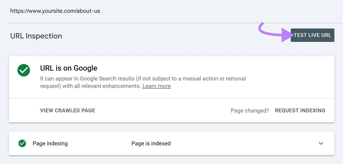 Google Search Console“网址检查”显示一个已编入索引的 URL,Test Live URL 按钮已高亮显示