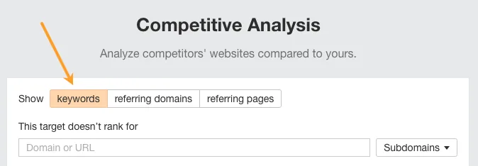 确保将 Competitive Analysis 工具设置为 Keywords