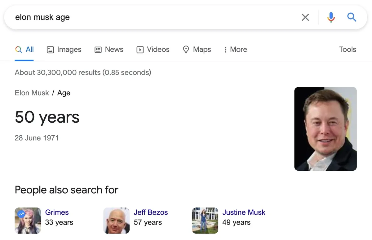 Google 搜索中 “Elon musk age” 的即时答案