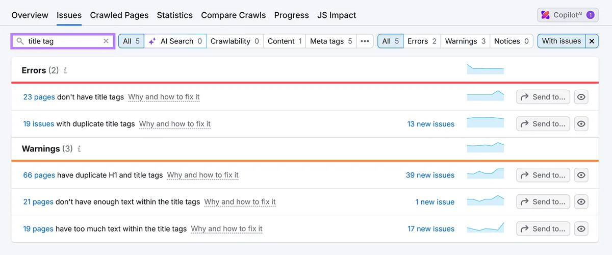 Semrush Site Audit 的 Issues 标签页列出与缺失、重复和过长标题标签相关的错误和警告。
