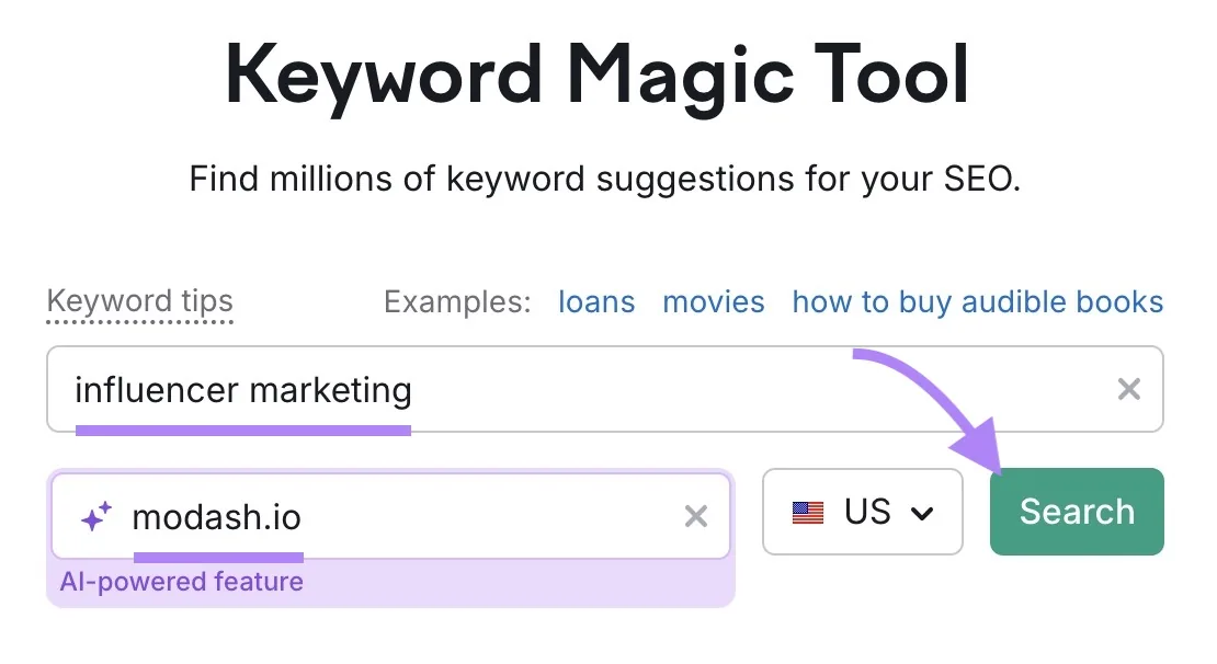 Keyword Magic Tool 起始界面,已输入词条“influencer marketing”、域名“modash.io”,并点击“Search”。