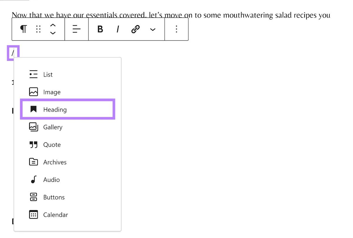 WordPress 的区块菜单,“标题”区块选项高亮