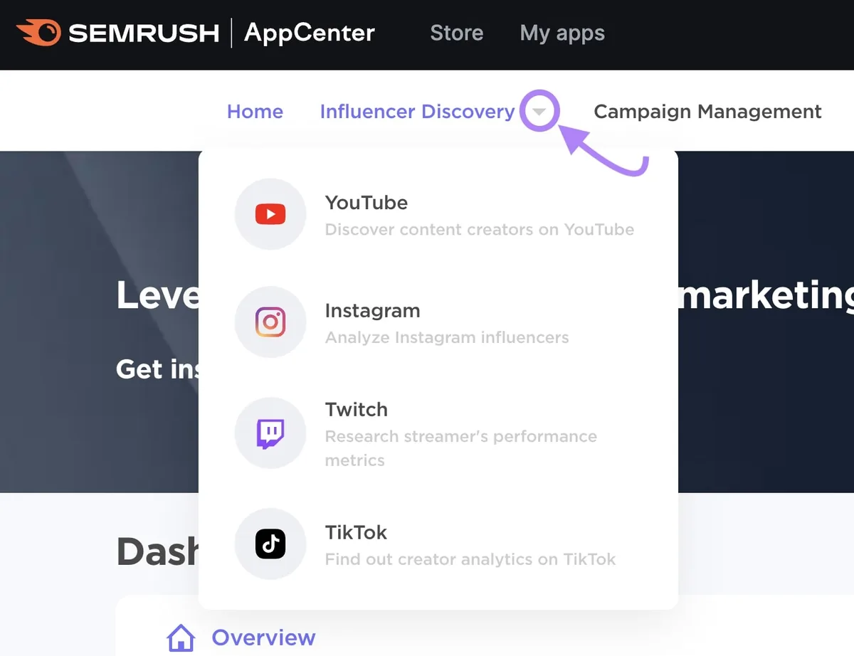 Semrush Influencer Analytics 工具中高亮显示的达人发现菜单