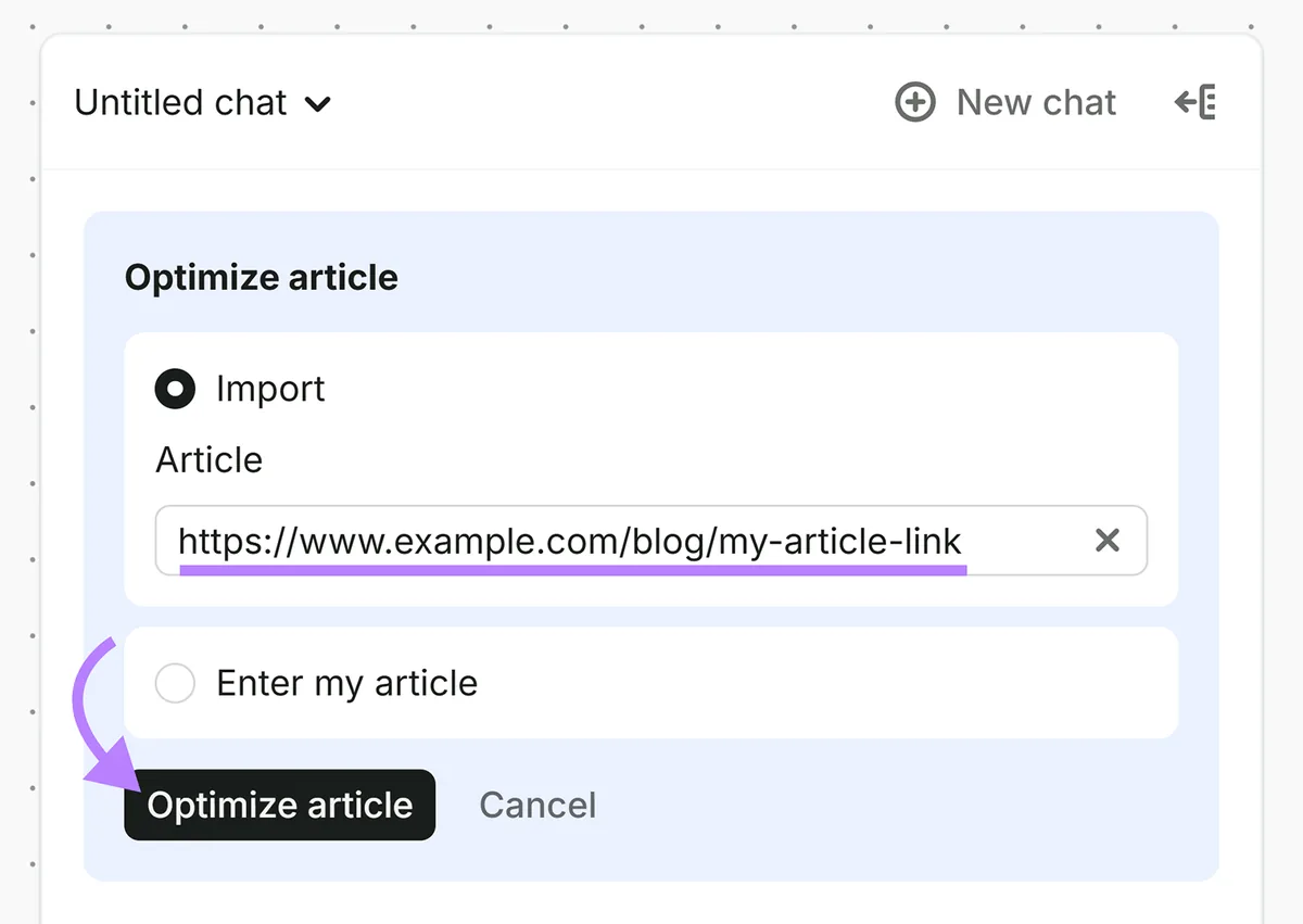 Semrush Content Optimizer 导入界面,含文章 URL,并突出显示 Optimize article 按钮