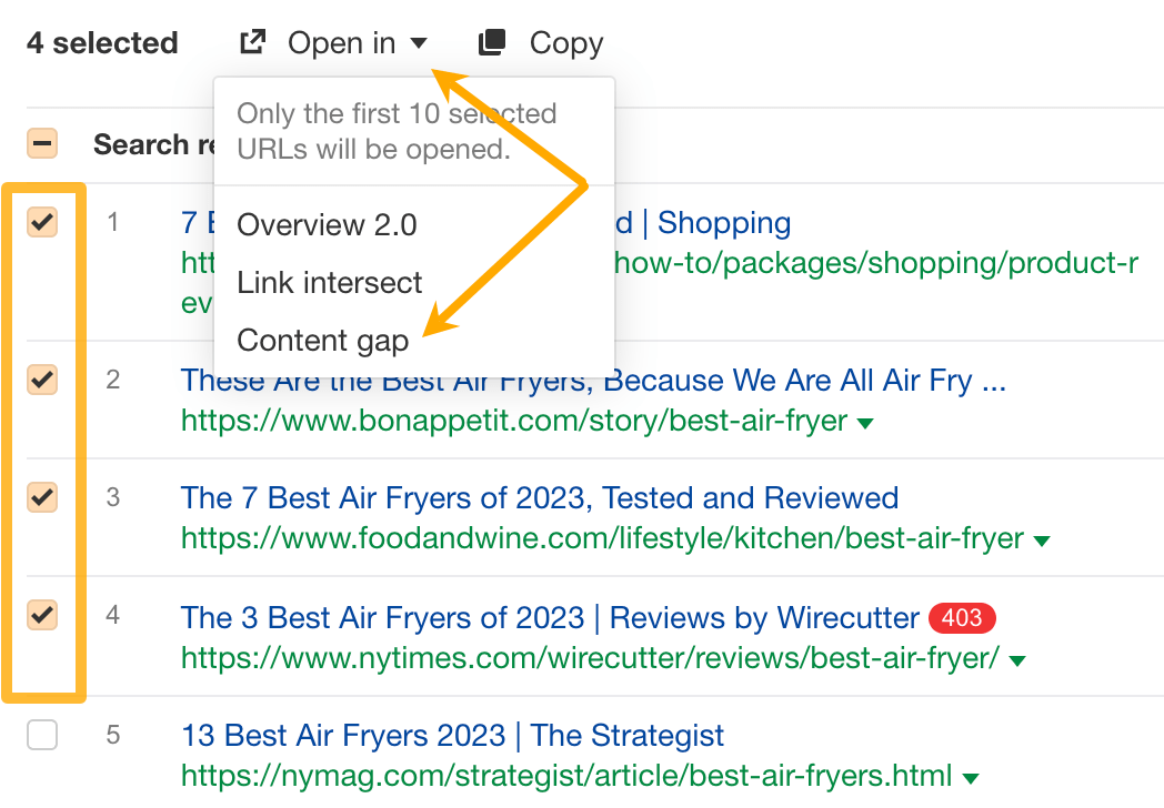Ahrefs Keywords Explorer 中的 “Open in Content gap” 功能