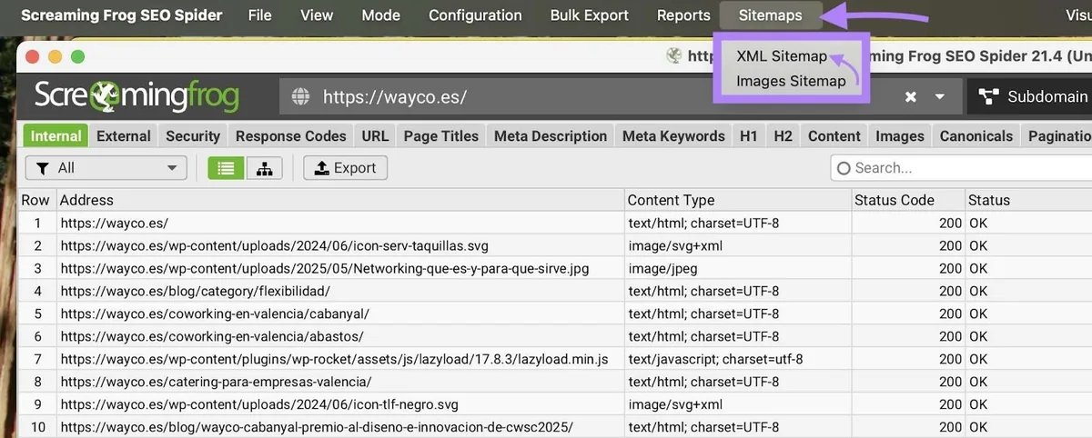 在 Screaming Frog SEO Spider 工具上点击了“Sitemaps”下的“XML Sitemap”。