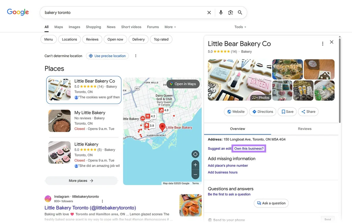 Little Bear Bakery 的 Google 商家资料,“Own this business?”链接已高亮显示。
