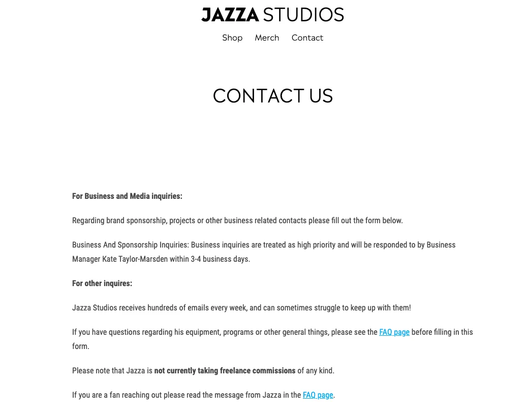 Jazza Studios 的联系信息，包括商务和一般咨询说明。