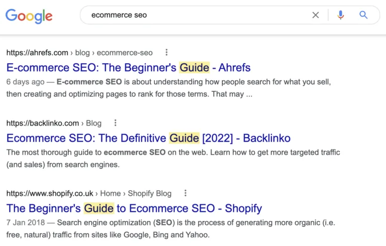 搜索 “ecommerce seo” 的人想要一份指南