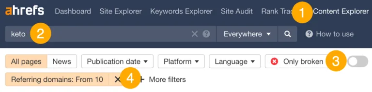 通过 Ahrefs 的 Content Explorer 查找带有链接的死链页面的过滤器