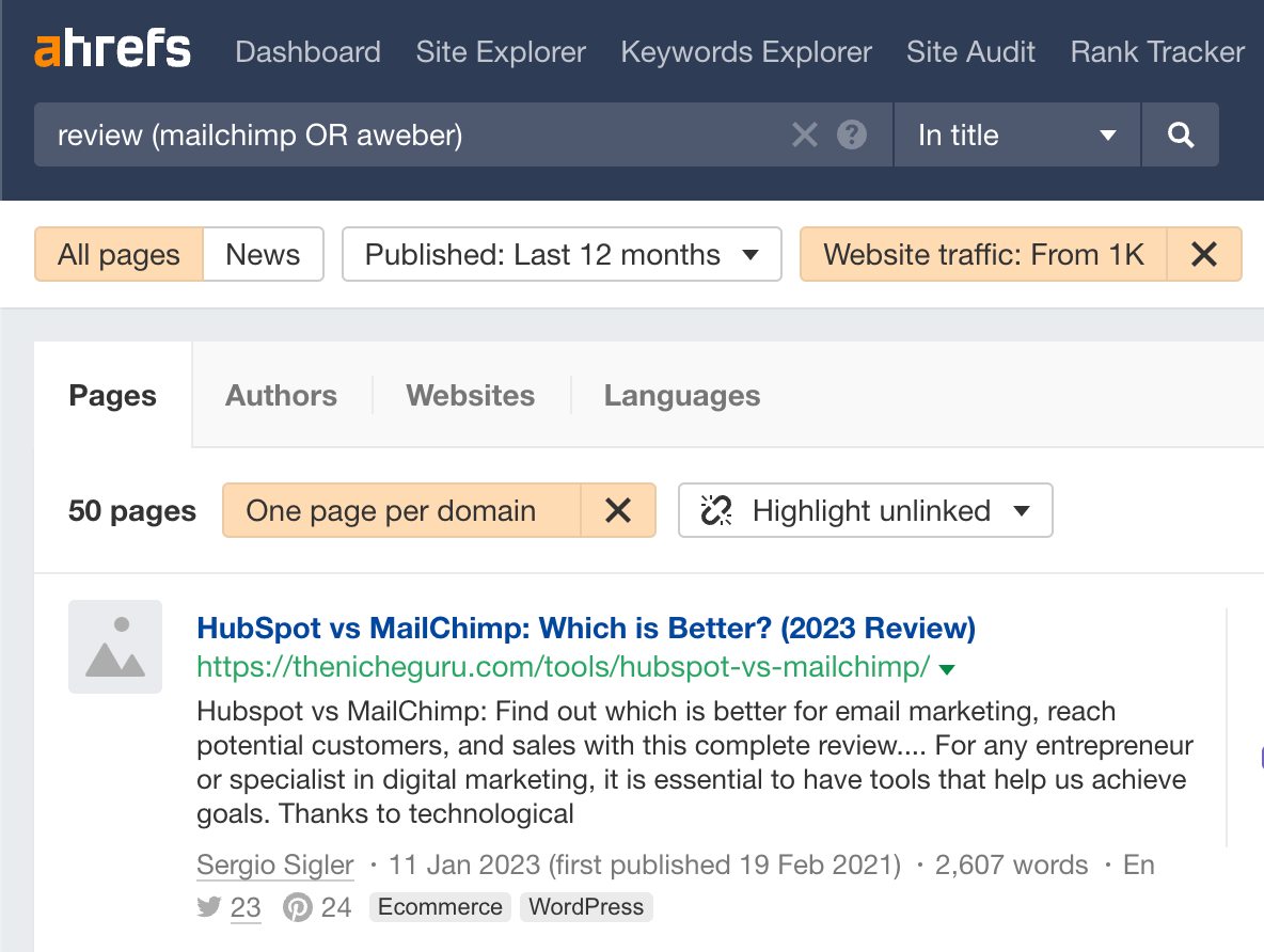 在 Ahrefs 的 Content Explorer 中筛选结果