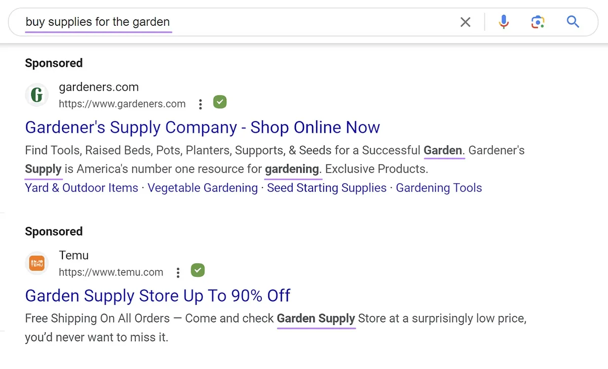 “buy supplies for the garden”查询显示的 Google 广告