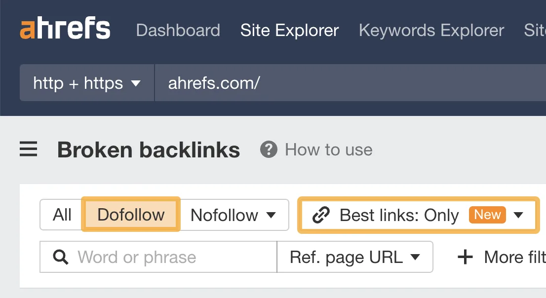通过 Ahrefs Site Explorer 查找失效反向链接的筛选