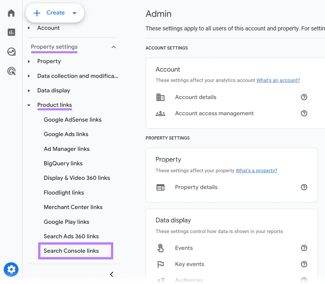 Property settings 和 Product links 菜单已展开,突出显示 Search Console Links 选项。