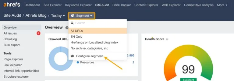 Ahrefs Site Audit 截图,标注了配置分段的选项