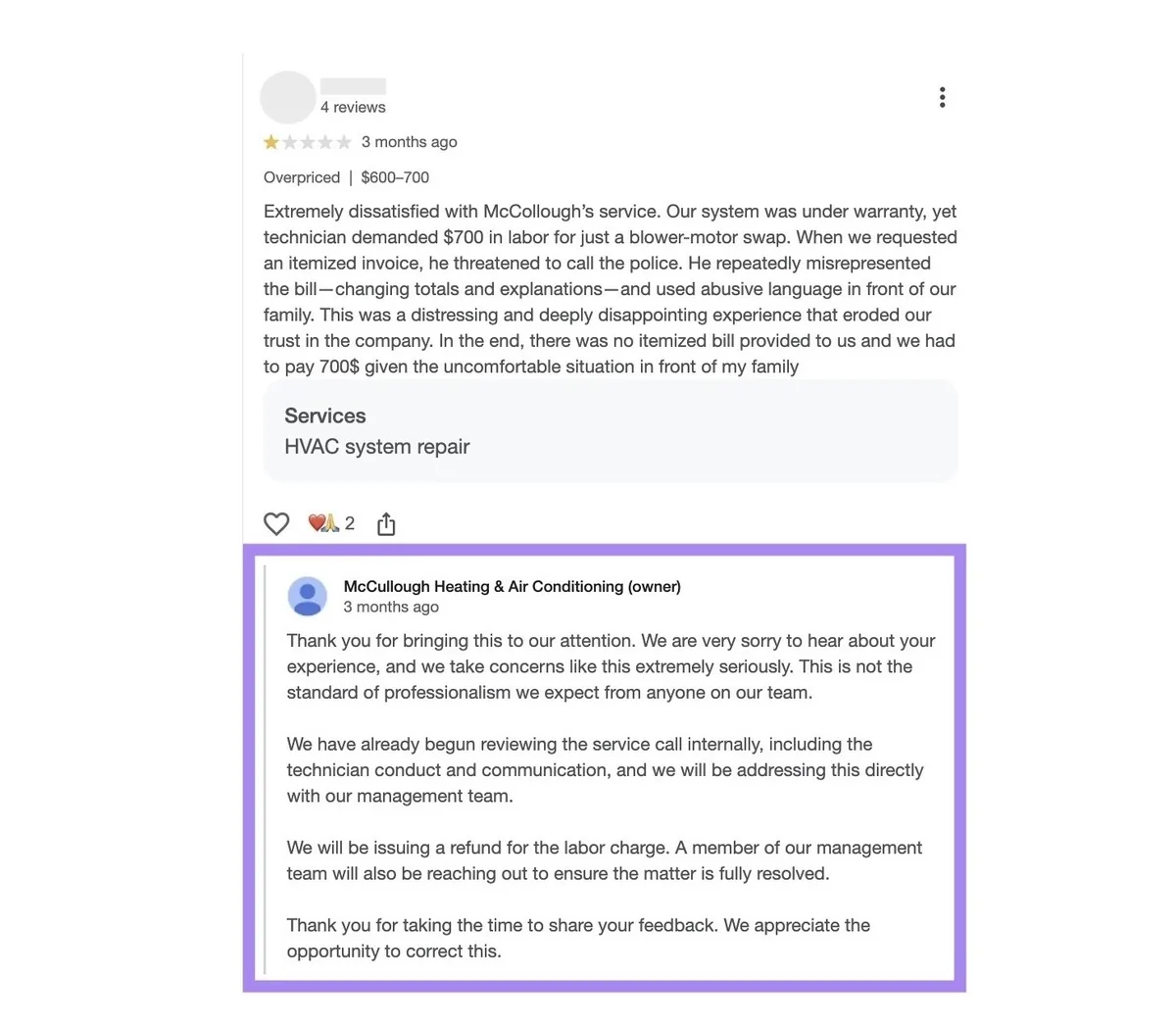对一条负面 Google 评论的专业回复。