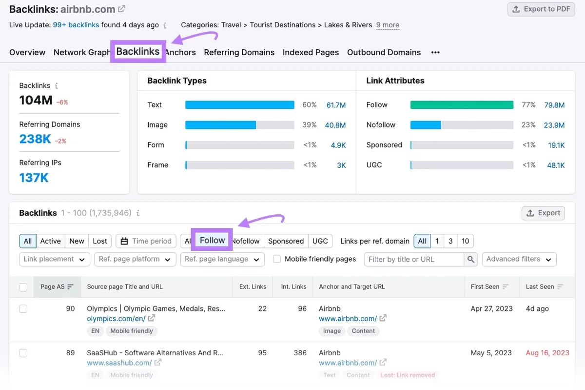 Backlinks 中“Backlinks”标签页下突出显示的“Follow”筛选器