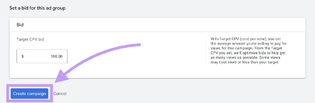Google Ads 中的“Create campaign”按钮