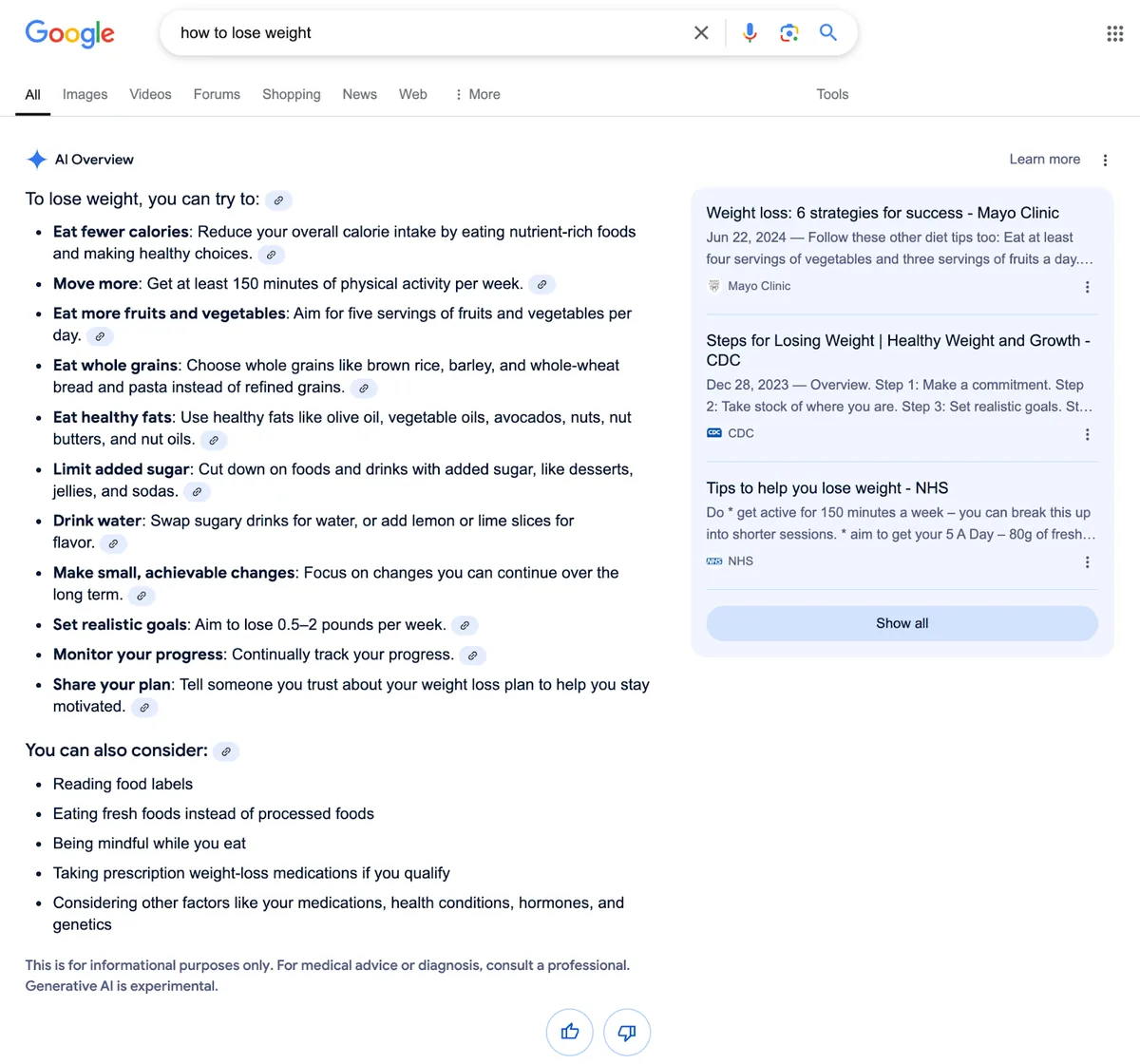 Google 的 AI 概览提供回答该查询的项目符号列表,以及用于生成该列表的来源清单。