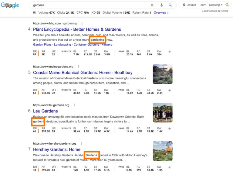 Google 上的关键词词干化示例