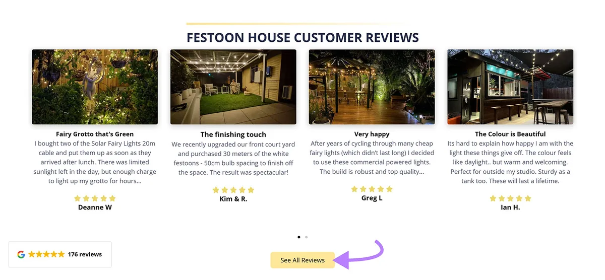 Festoon House 的首页,展示客户评价并链接到评价落地页