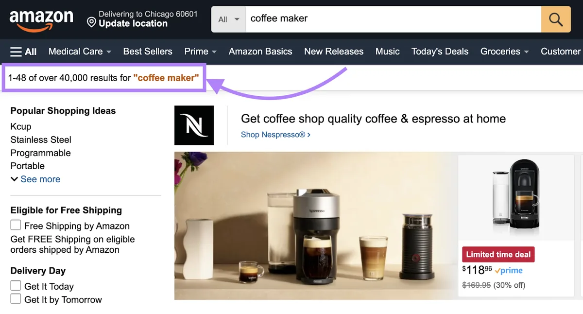 Amazon 对咖啡机的搜索结果，第一页显示超过 40,000 个结果中的第 1–48 个。