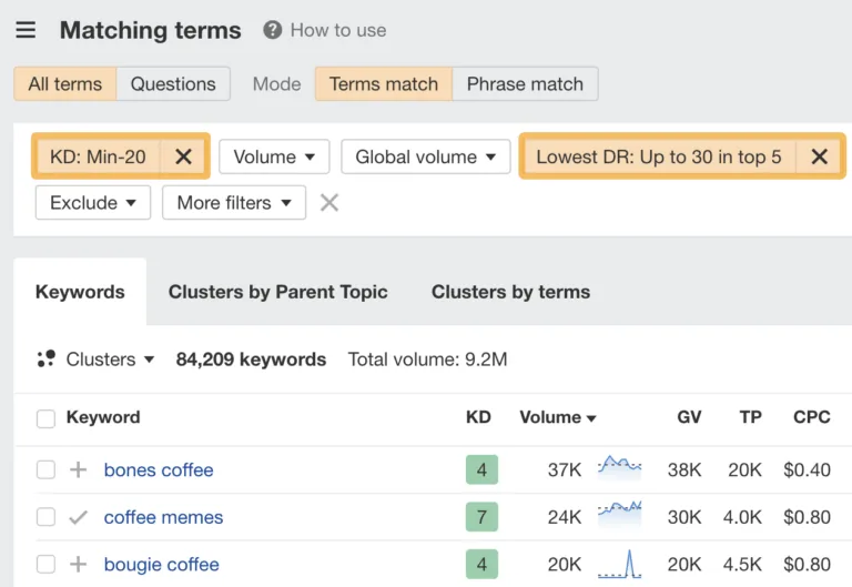 在 Ahrefs 的 Keywords Explorer 中筛选关键词