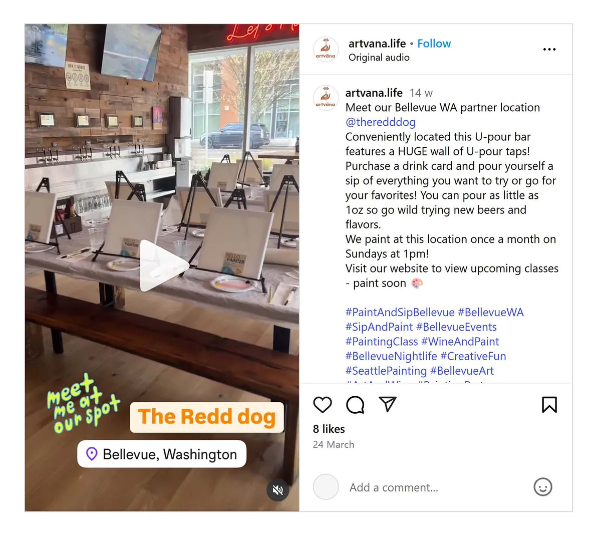 宣传 Bellevue 的 The Redd Dog 举办的绘画品酒活动的 Instagram 帖子