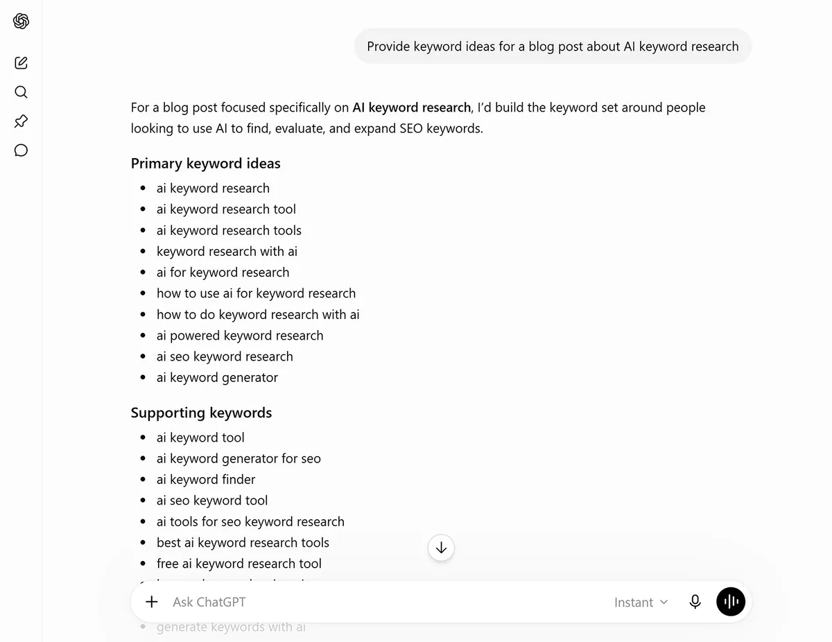 ChatGPT 为 AI 关键词研究博客文章建议核心和辅助关键词创意