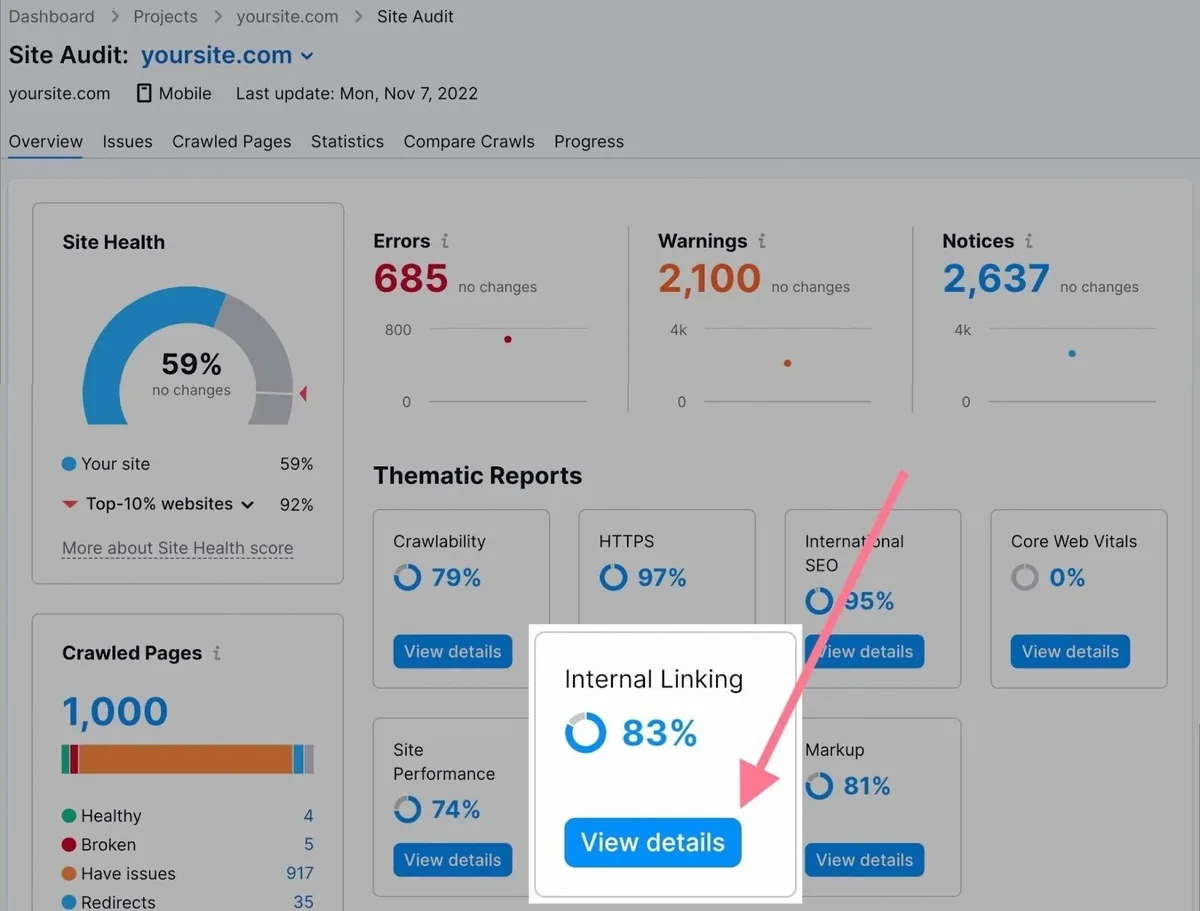 Site Audit 上的“Internal linking”被突出显示并点击