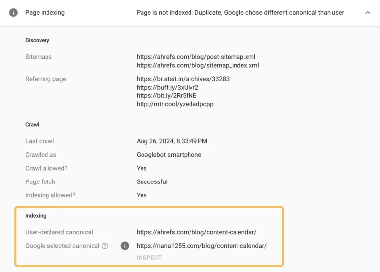 Google 对 Ahrefs 的某个页面选择了与用户不同的规范链接