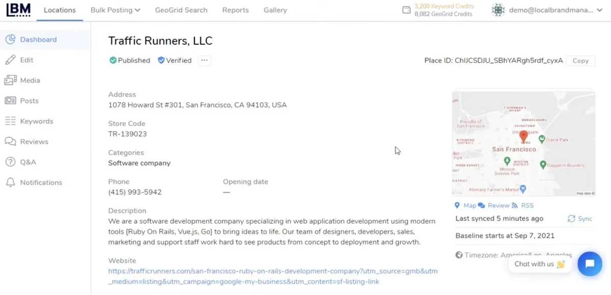 Local Brand Manager 仪表盘,显示商家信息的概览,包括地址、门店代码、描述等。