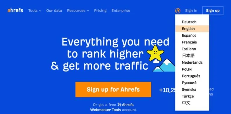 ahrefs.com 上的语言选择器示例，用于改善面向全球 SEO 市场的用户体验