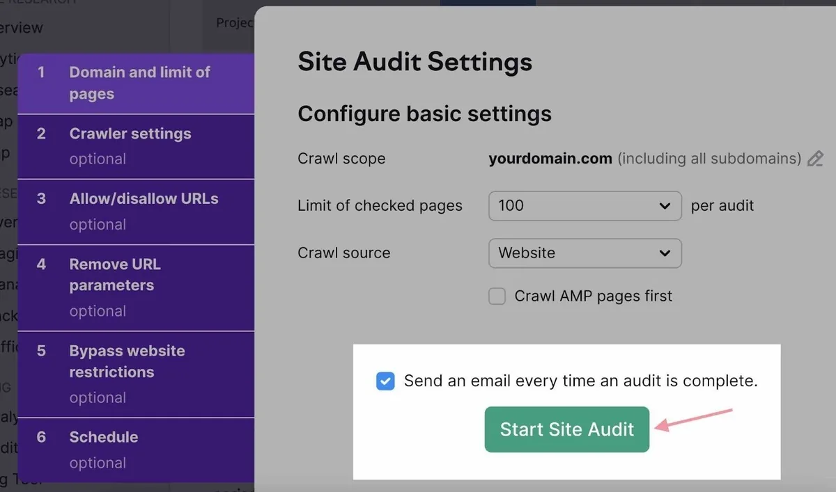 Site Audit 设置页面，已点击“Start Site Audit”按钮