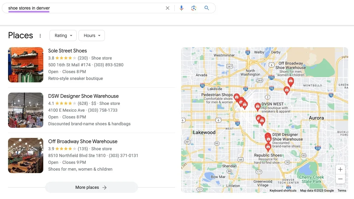 “shoe stores in denver”查询的本地结果