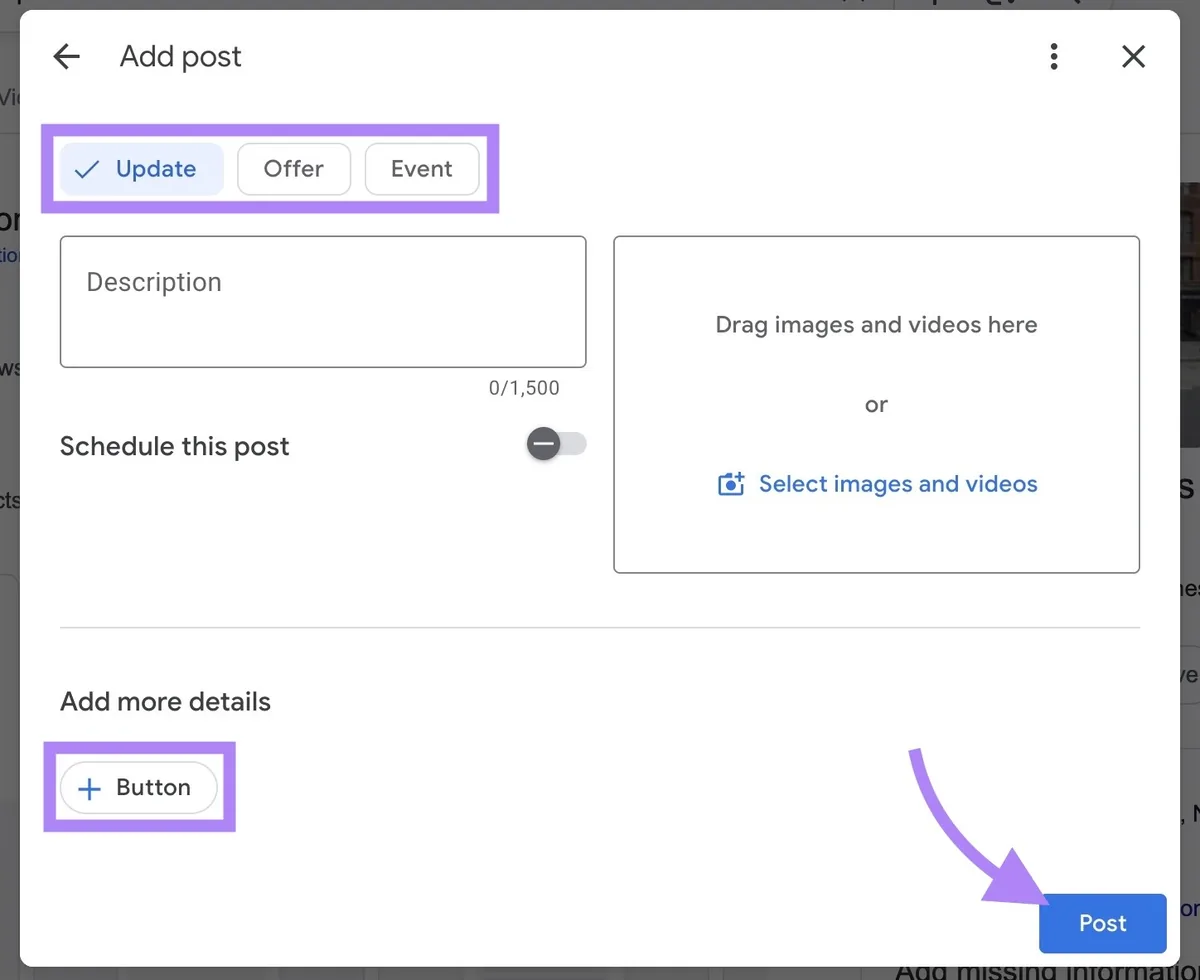GBP 上的“Add post”窗口，含选择帖子类型、添加 CTA 的选项，高亮“Post”。