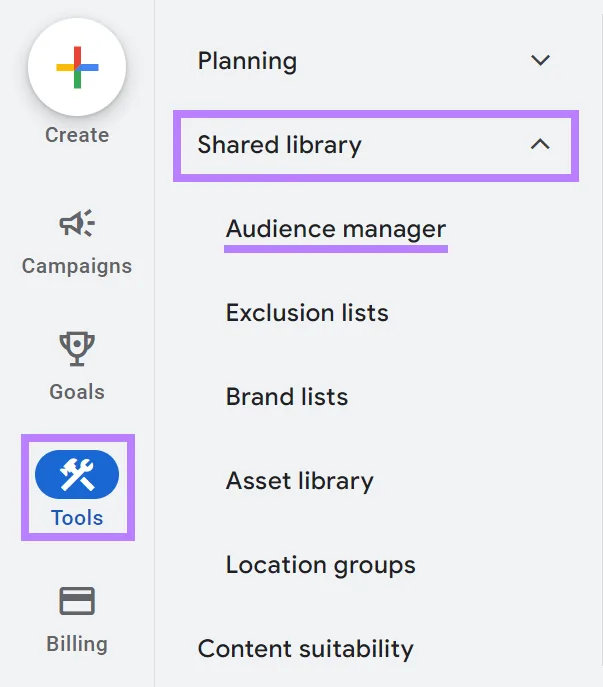 在 Google Ads 账号中导航至“受众群体管理器”