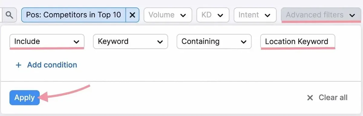 在 Keyword Gap 上应用过滤器，纳入含位置关键词的词。