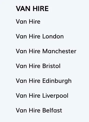 Hertz 面包车租赁着陆页展示多种选项,如“van hire”“van hire london”“van hire manchester”等