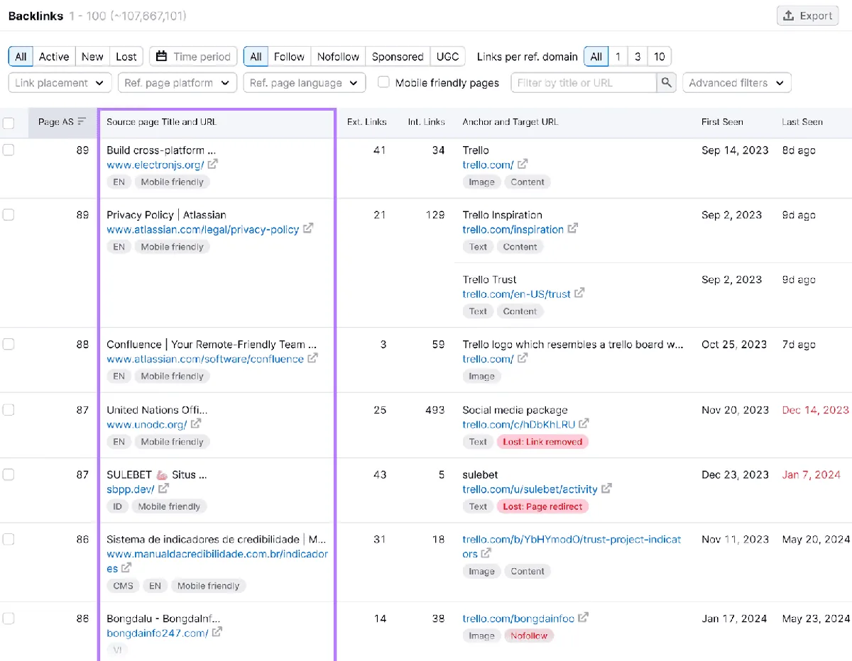 Backlinks 界面显示含多列的反向链接报告，“Source page...”列置于紫色方框内。