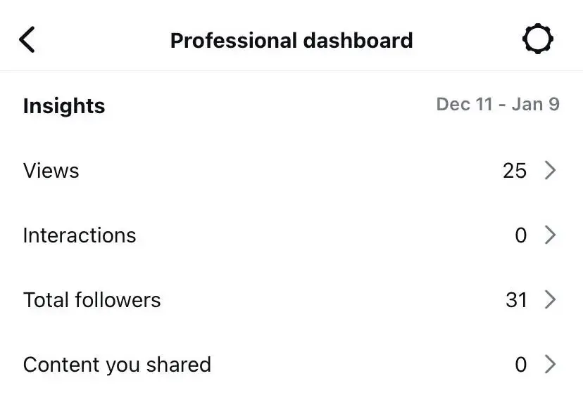 Instagram Professional 仪表板,展示分析数据。
