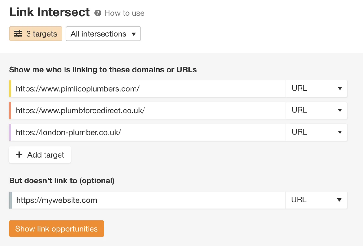使用 Ahrefs 的 Link Intersect 工具查找本地引用